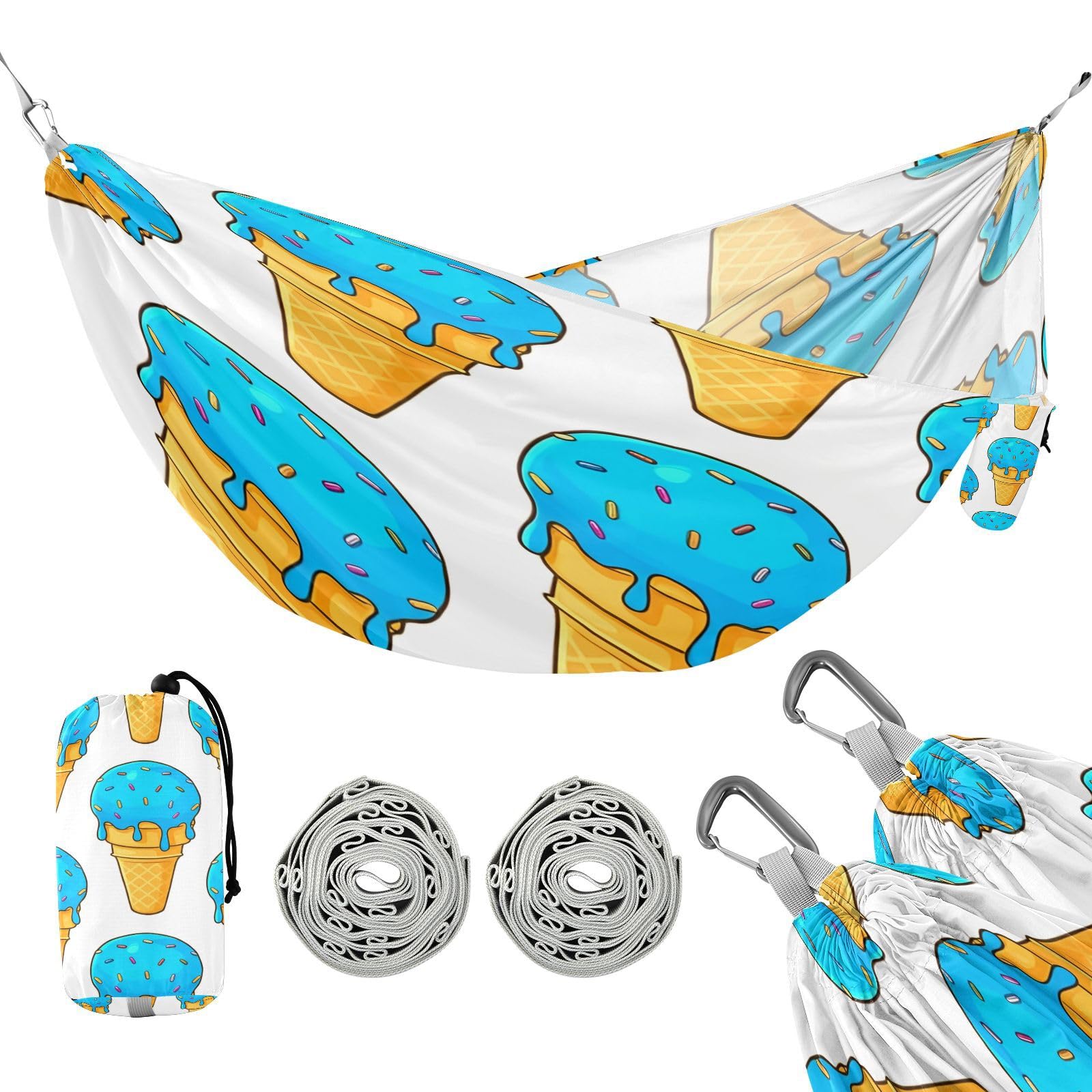 ATTX Doodle Blue Ice Cream Camping Hammock - Lightweight & Portable Hammocks, Heavy Duty 330lbs Capacity for Indoor, Hiking, Backpacking, Travel, Backyard, Beach#162