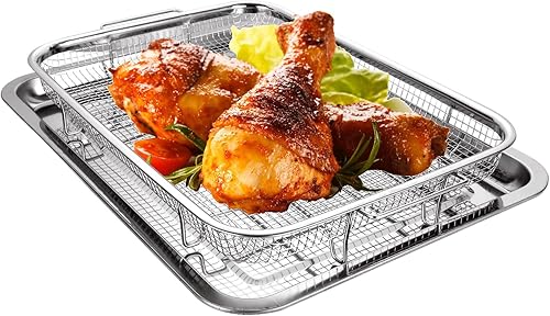 APACALI Cesta grande para freidora de aire para horno de 15.7 x 11.8 pulgadas, bandeja para freidora de aire de acero inoxidable y bandeja para