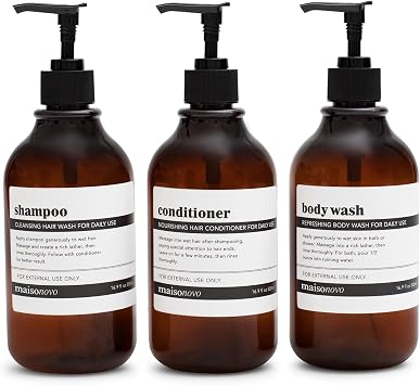 MaisoNovo Shampoo and Conditioner Dispenser Set of 3-500 ml Amber Classic Shampoo Bottles With Pump Black - Refillable Shower Soap Dispenser Set