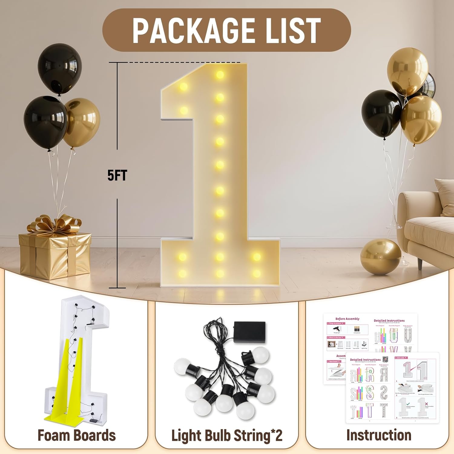 Marquee Numbers 5 Feet Tall Large Light Up Numbers 1 for 1st 21st Birthday Party Decorations Girl Boy Big Anniversary Decor Giant Light Up Sign Foam Board