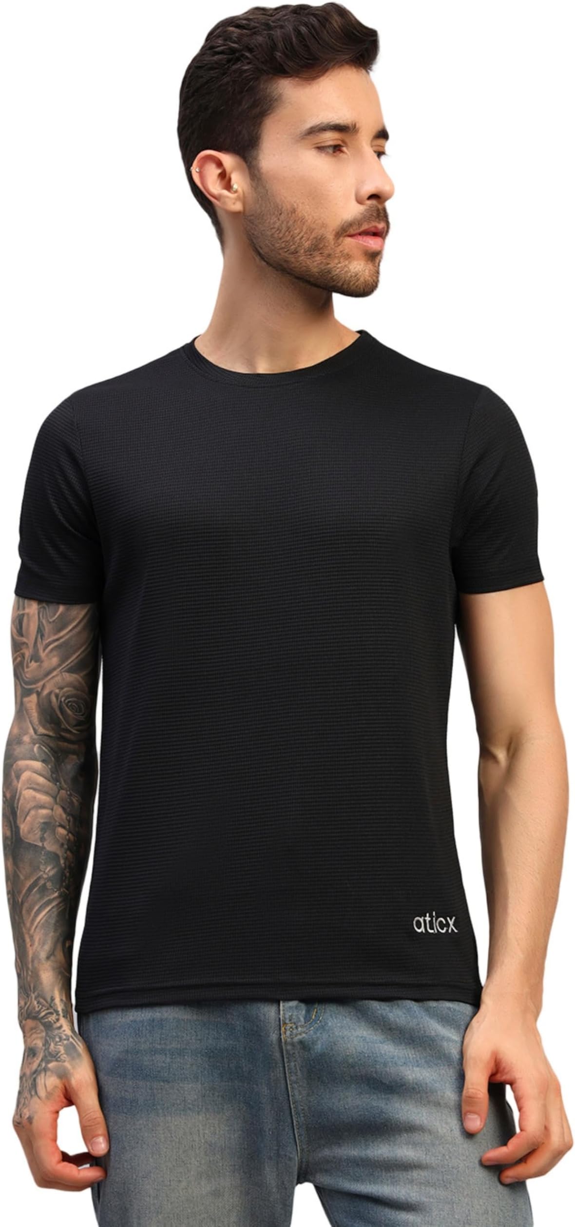 Slim Fit Waffle Knit Polyester Sports T Shirt for Men - Round Neck Quick Dry Fit Half Sleeve Breathable Stylish Gym Workout Tee - Lightweight Running Cycling Football Swimming Training Top