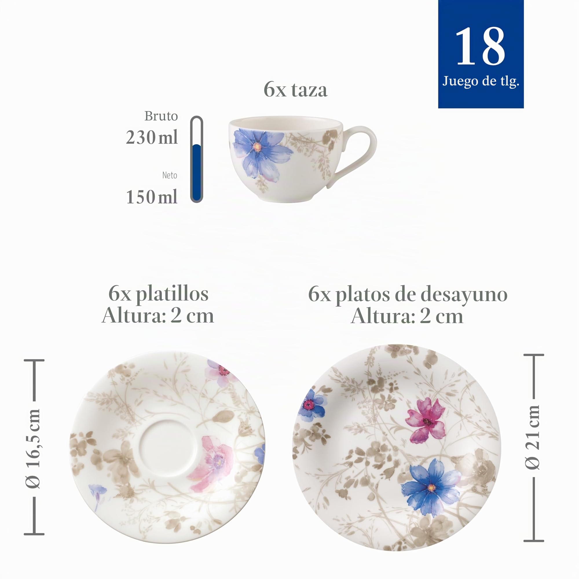 Villeroy & Boch - Mariefleur Servicio de Café 18 Piezas Multicolor, Apto para Lavavajillas, Apto para Microondas, Juego de Café, Juego Tazas de Café con Plato, Porcelana Premium