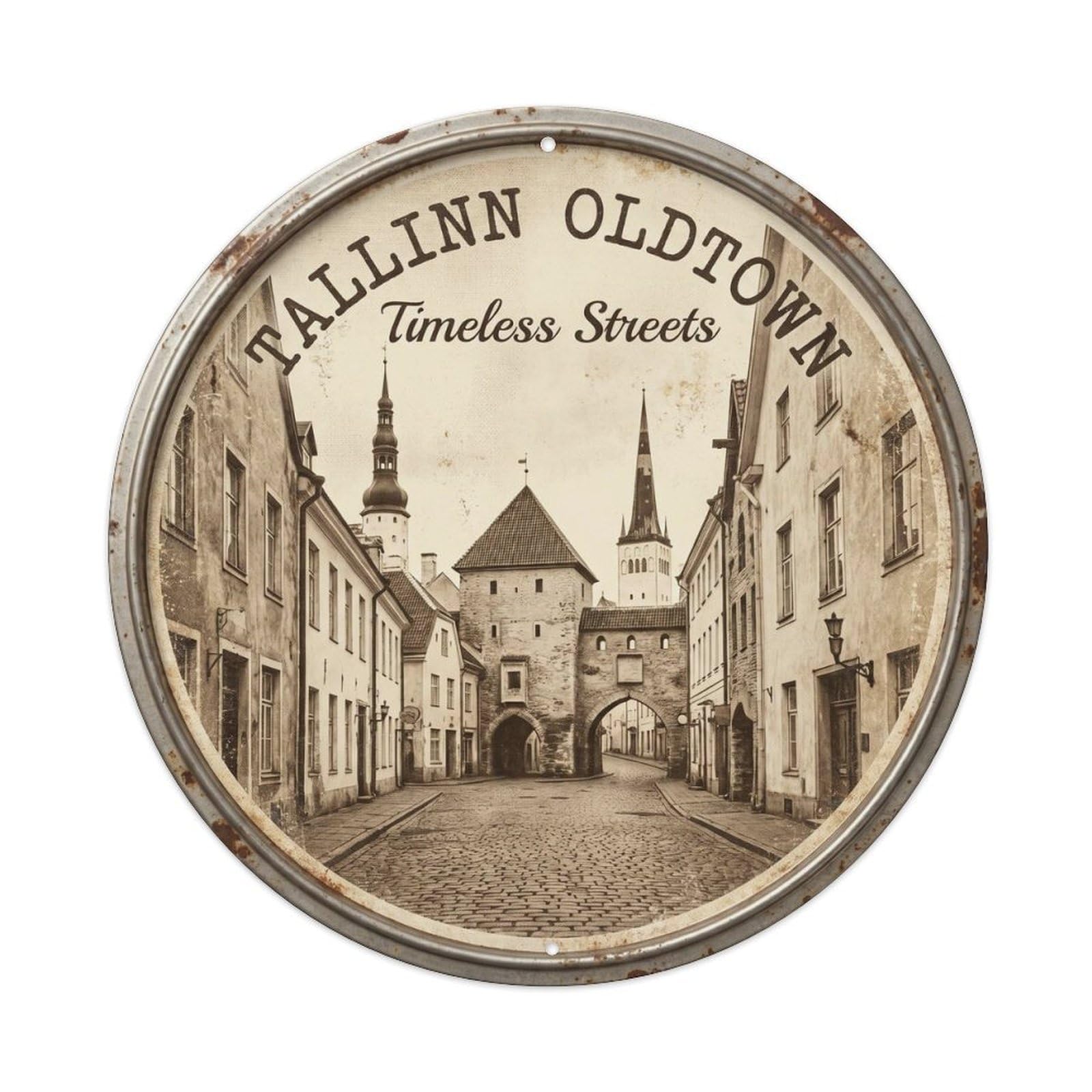 Cobblestone Charming Cafe District Metal Tin Sign Plaque Wall Decor for Cafe, Club, Garden Round Metal Poster 8x8Inch