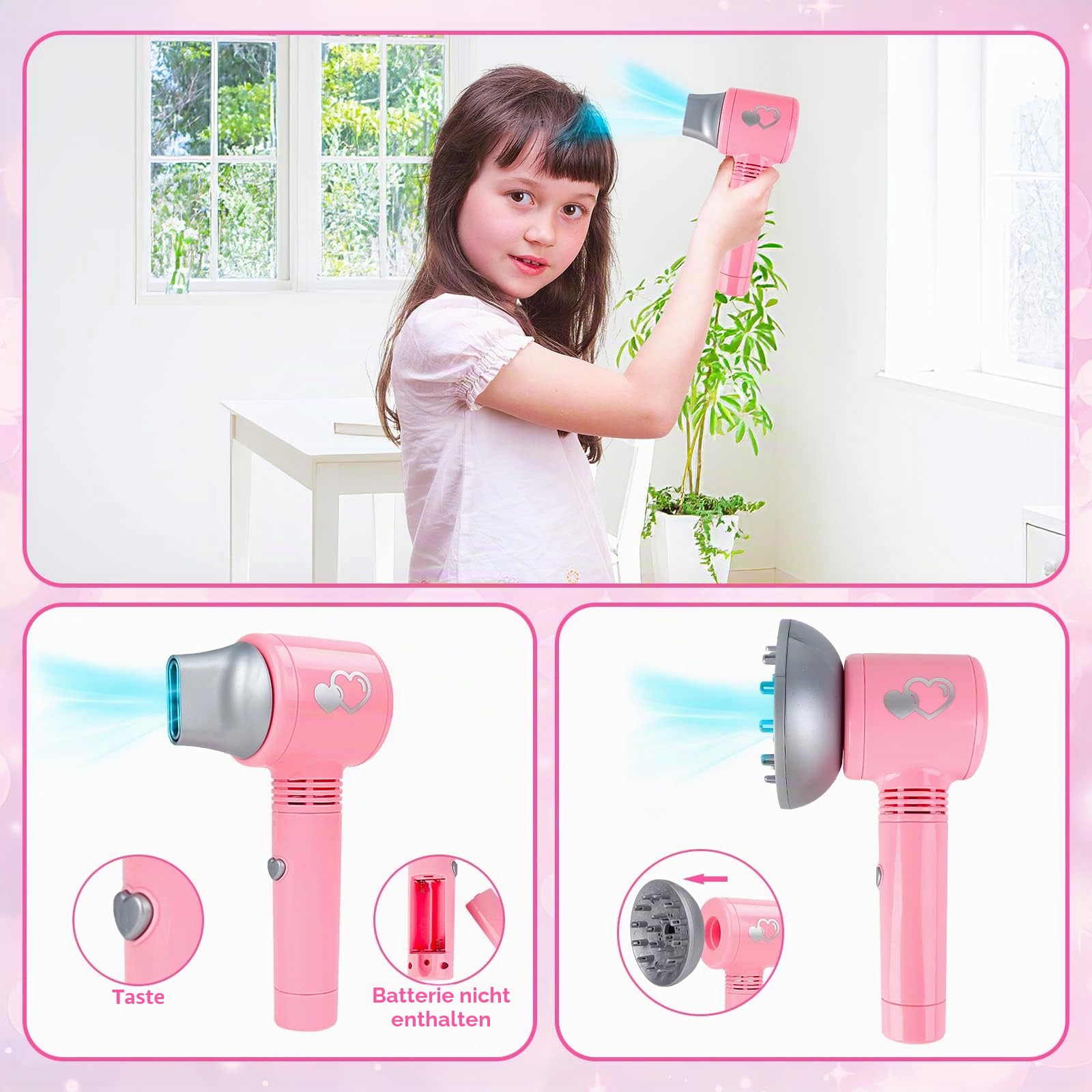 deAO Schönheitssalon-Set für Mädchen, 35-teilig, Modespiel mit Haartrockner, Spiegel, Lockenstab und anderem Zubehör, simuliertes Make-up-Set für Kinder