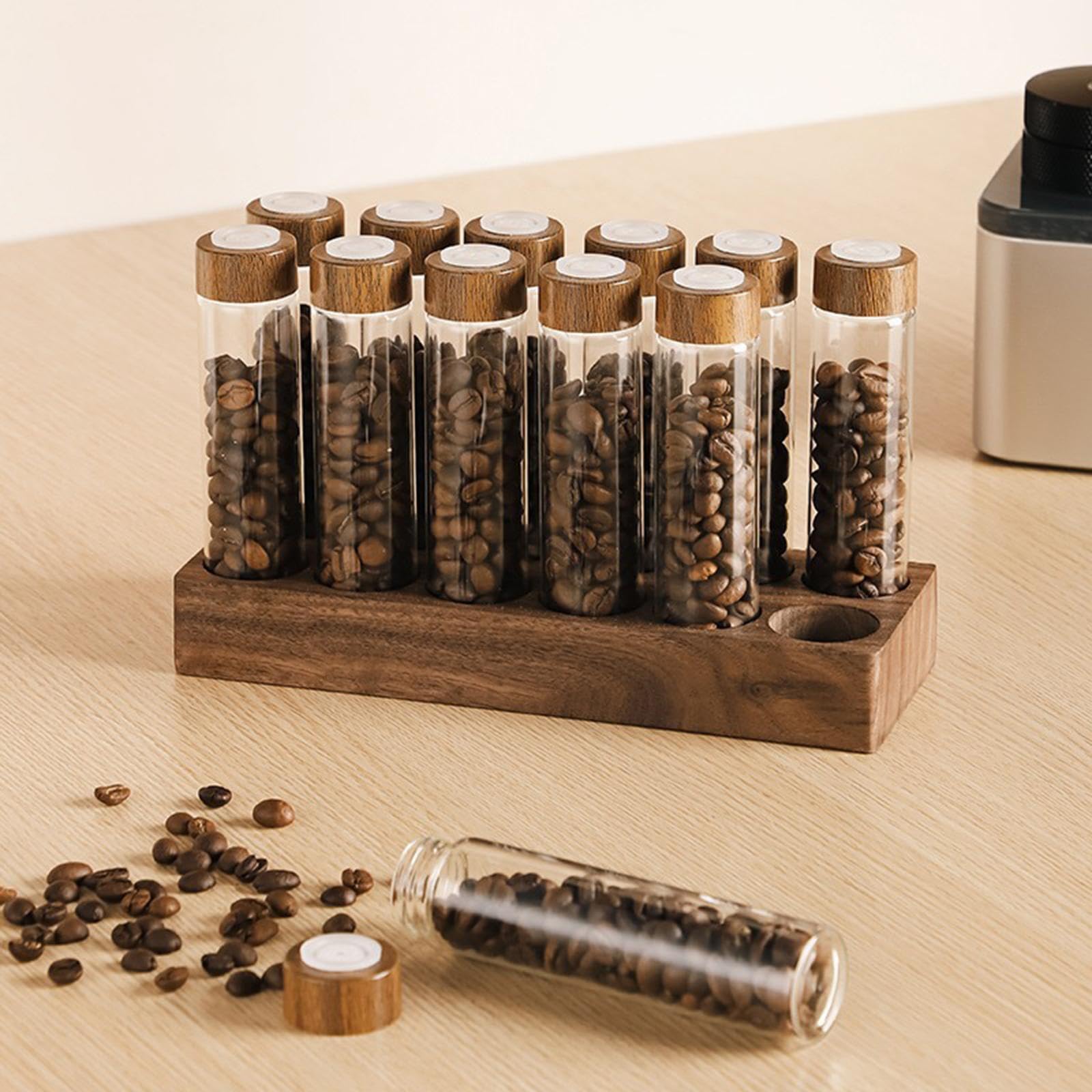 Sharplace 12 Röhren Kaffeevorratsdosen mit Holzständer, Einzeldosis Kaffeebohnen-Aufbewahrung, Kaffeekapseln Dose Kaffeebohnenvorratsbehälter mit Deckel, Behälterständer für Kaffee, Tee, B 12 Loch 22g