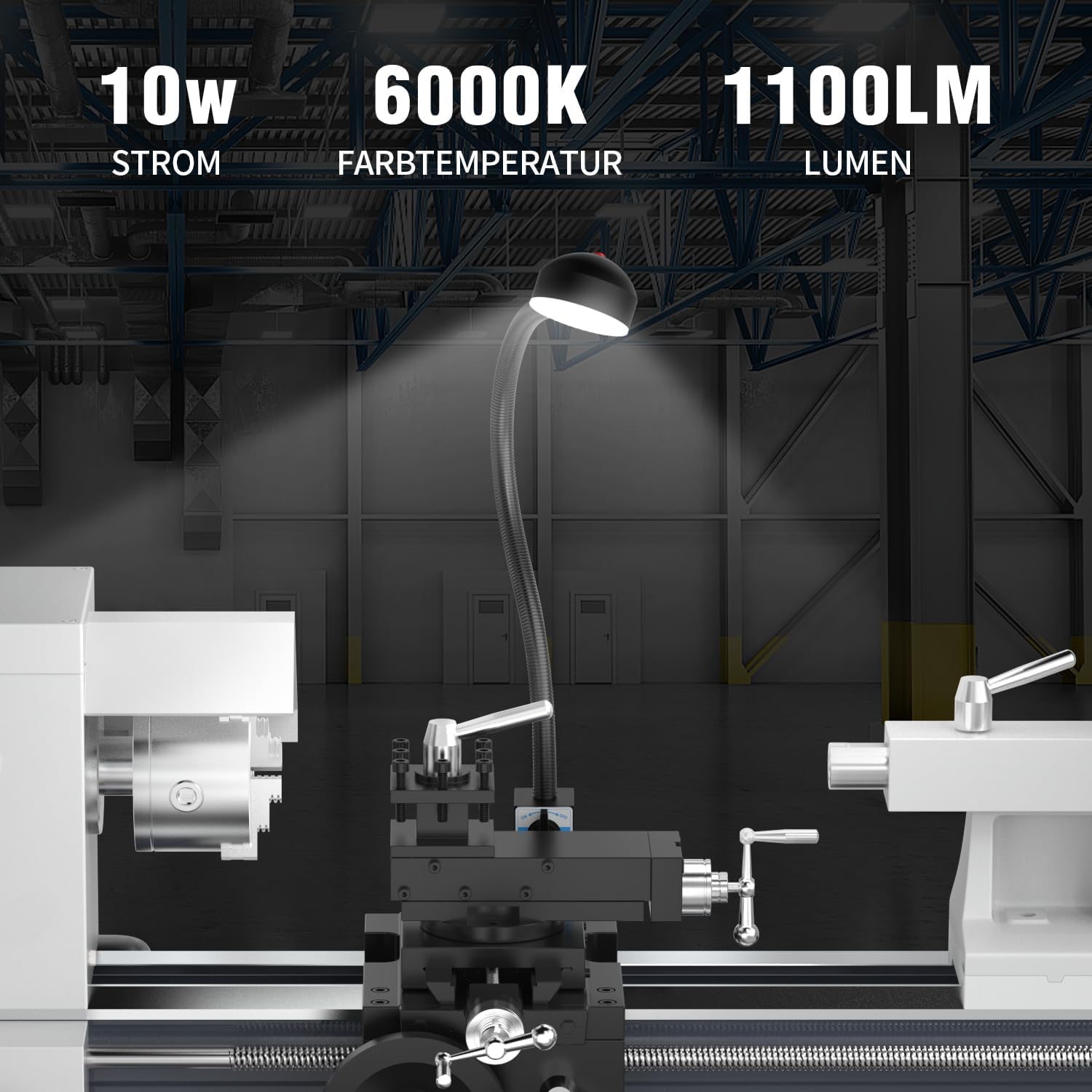 Magnetische LED Drehmaschine Lampe Maschinenlampe mit Magnetfuß 10W 1100 Lumen Flexibel Wasserdicht Arm Drehmaschine Lampe für Nähmaschine Drehbank Fräsen Bohrmaschine Industrielle Beleuchtung （6000K）