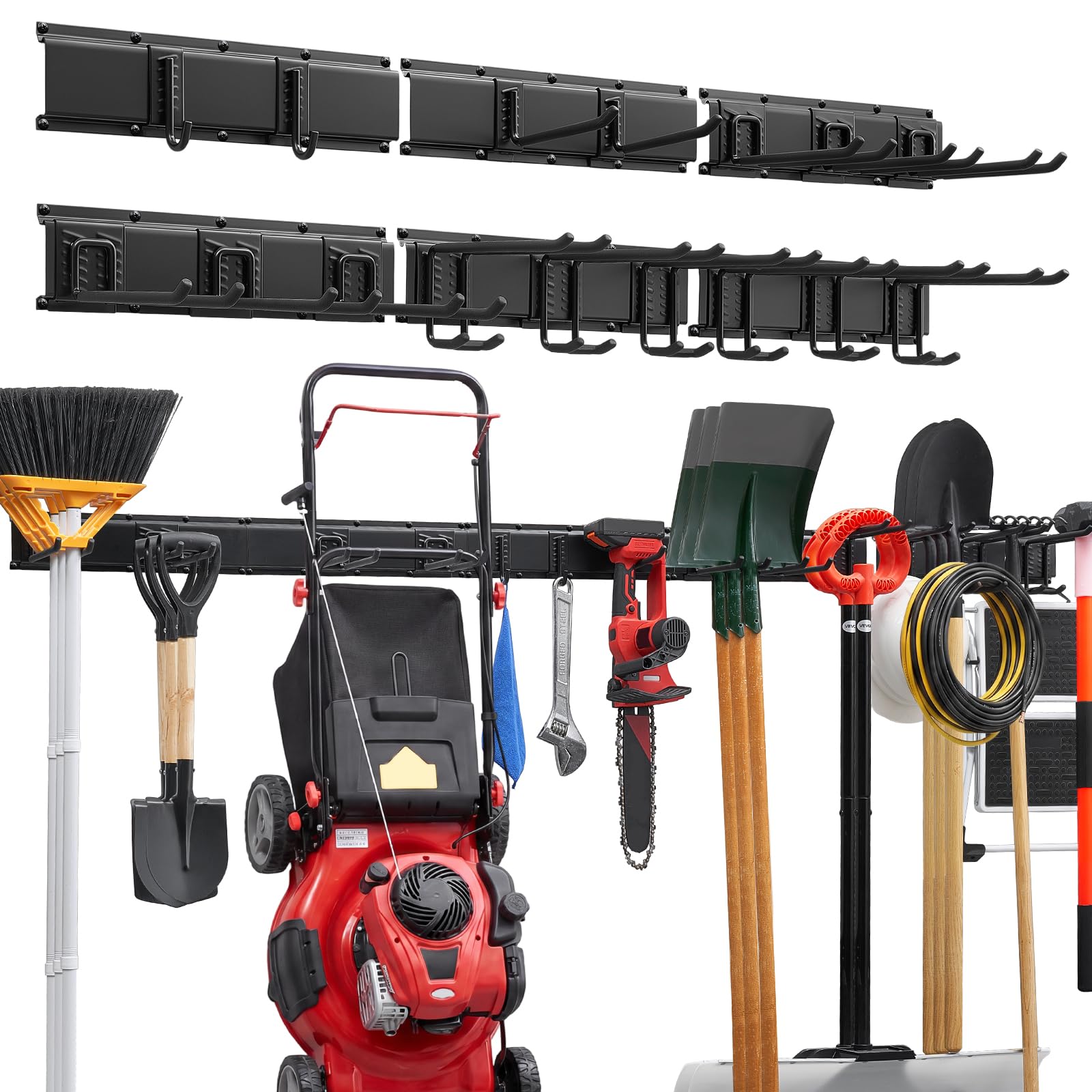 VEVOR Organizador de Herramientas de Pared Capacidad de 544kg en Total | Acero al Carbono Estante de Almacenamiento de Pared con 6 Rieles y 16 Ganchos Ajustables para Garaje Taller Jardín Cobertizo