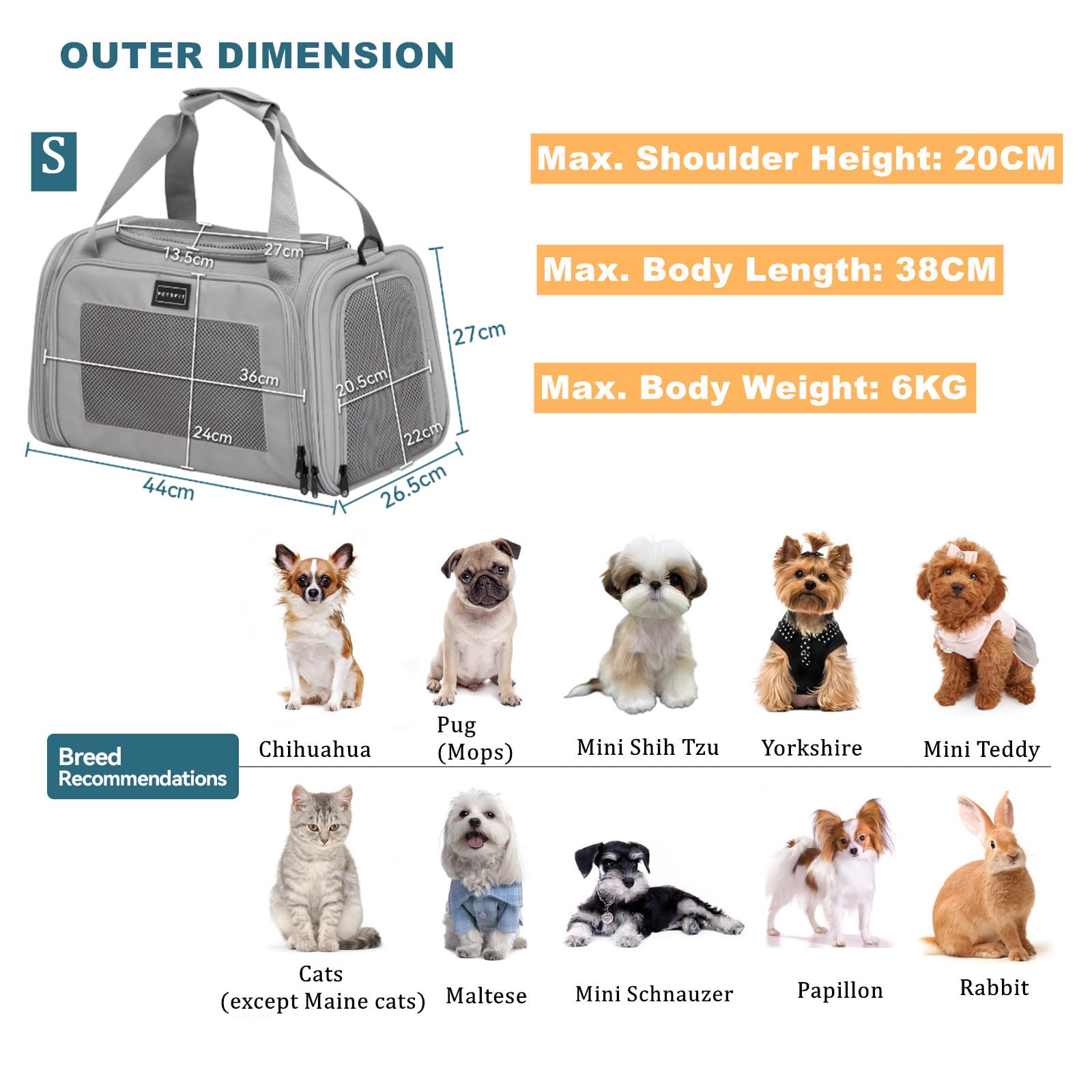 Petsfit Transportín Perro Plegable, Transportin Perro Pequeño, con Tirantes Ajustables, Transportin Gato Bolsa Transporte Perro Mochila Transpirable Acolchado Suave para Coche y Tren, S/Gris