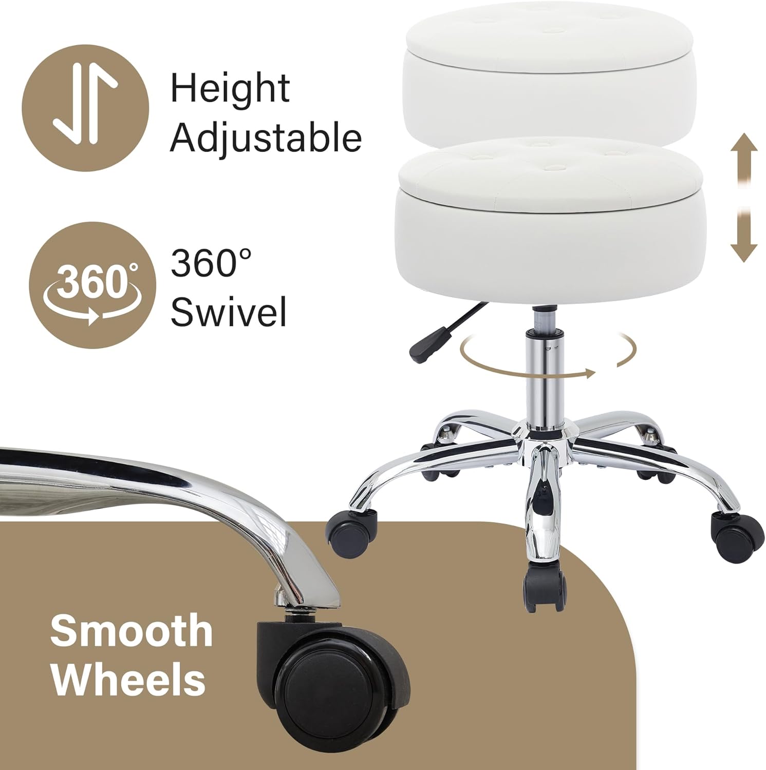 Vanity Chair with Wheels Adjustable Vanity Stool with Storage Swivel Vanity Stool for Vanity Rolling Makeup Chair White - Image 5