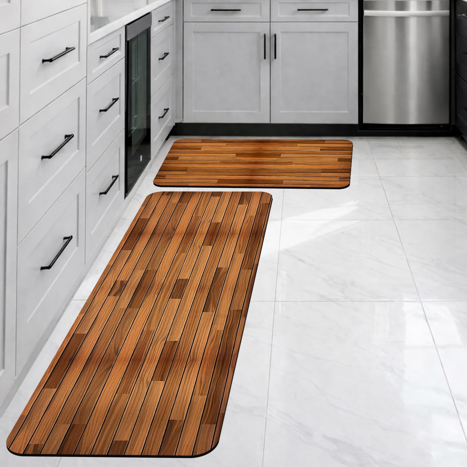 CANWAY Kitchen Mats for Floor Anti Slip, Set of 2 (40x60 cm & 120x40 cm), Waterproof & Washable Kitchen Floor Mats, Super Absorbent Kitchen Mat for Sink, Cooking Area & Home, Wooden Design