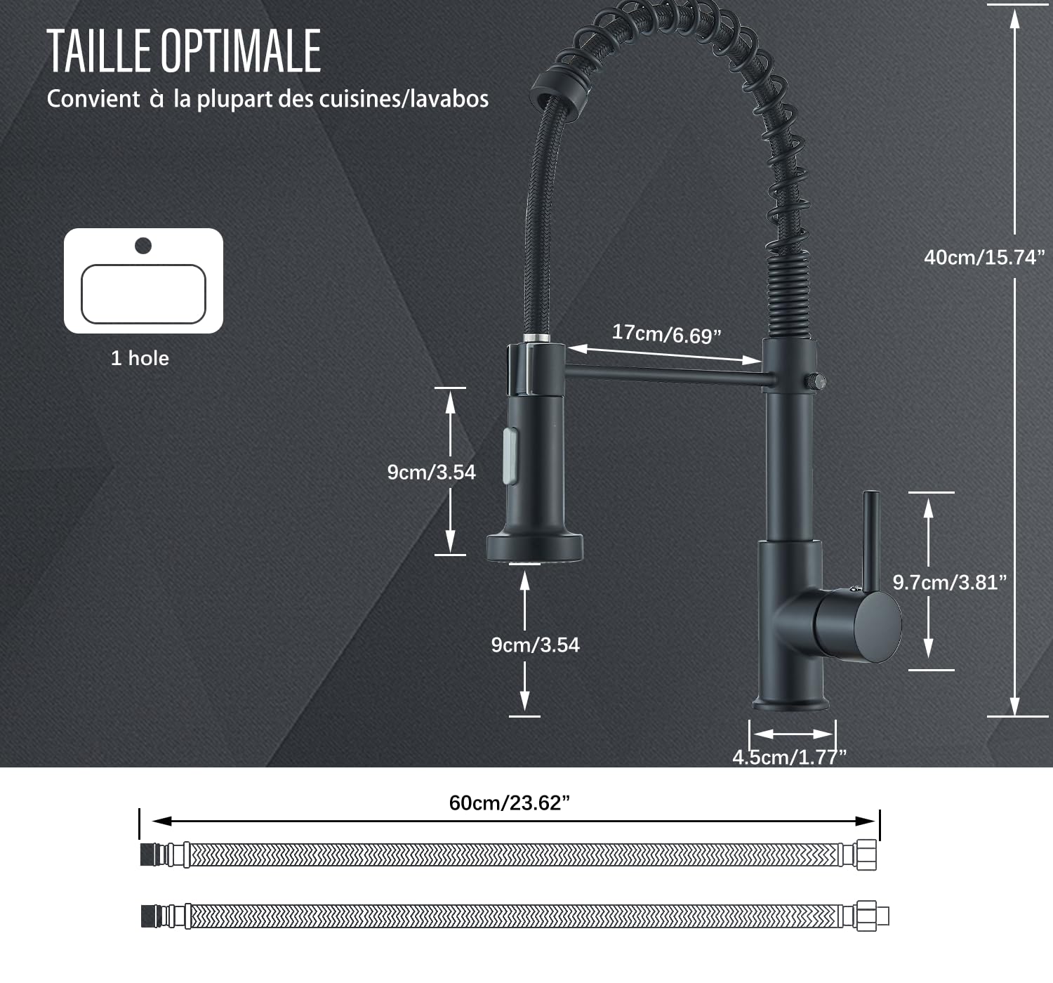 Robinet Cuisine Noir Pivotant 360° Mitigeur 2 Modes Pulvérisation Évier Arc Élevé Laiton