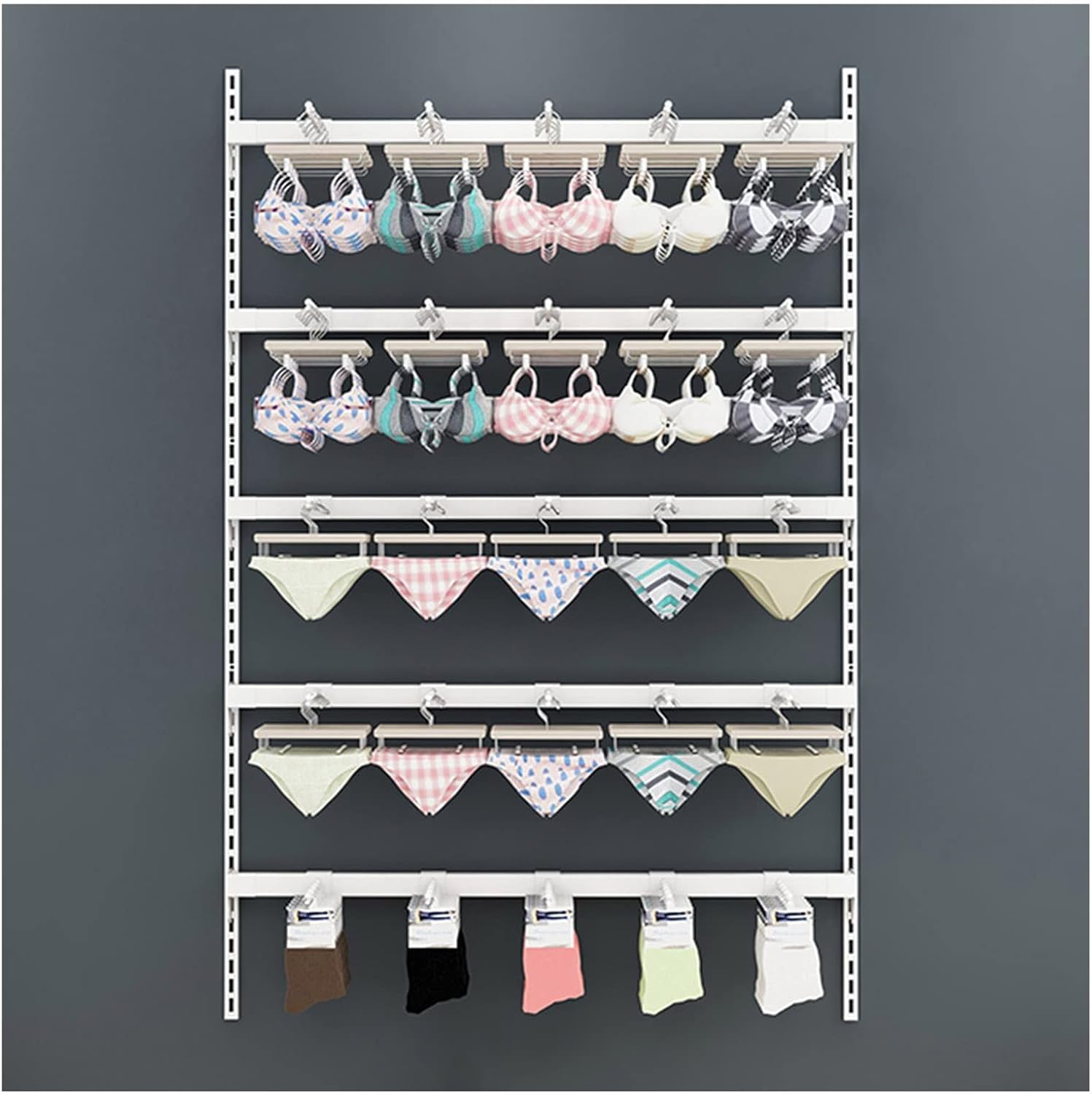Metal Underwear Display Rack, 4/5 Tier Wall-Mounted Adjustable Stand with Hooks, Closet Storage Organizer Holder, Hanging Panty Socks Hat Shelf(Gold,150x150cm-4 Layers)