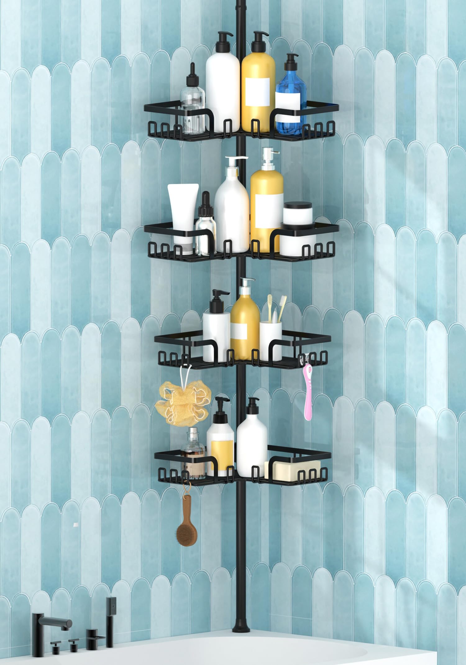 KEGII Adjustable Shower Caddy Corner Tension Pole Rustproof Shower Rod Organizer with Hooks Floor to Ceiling Tension Rod