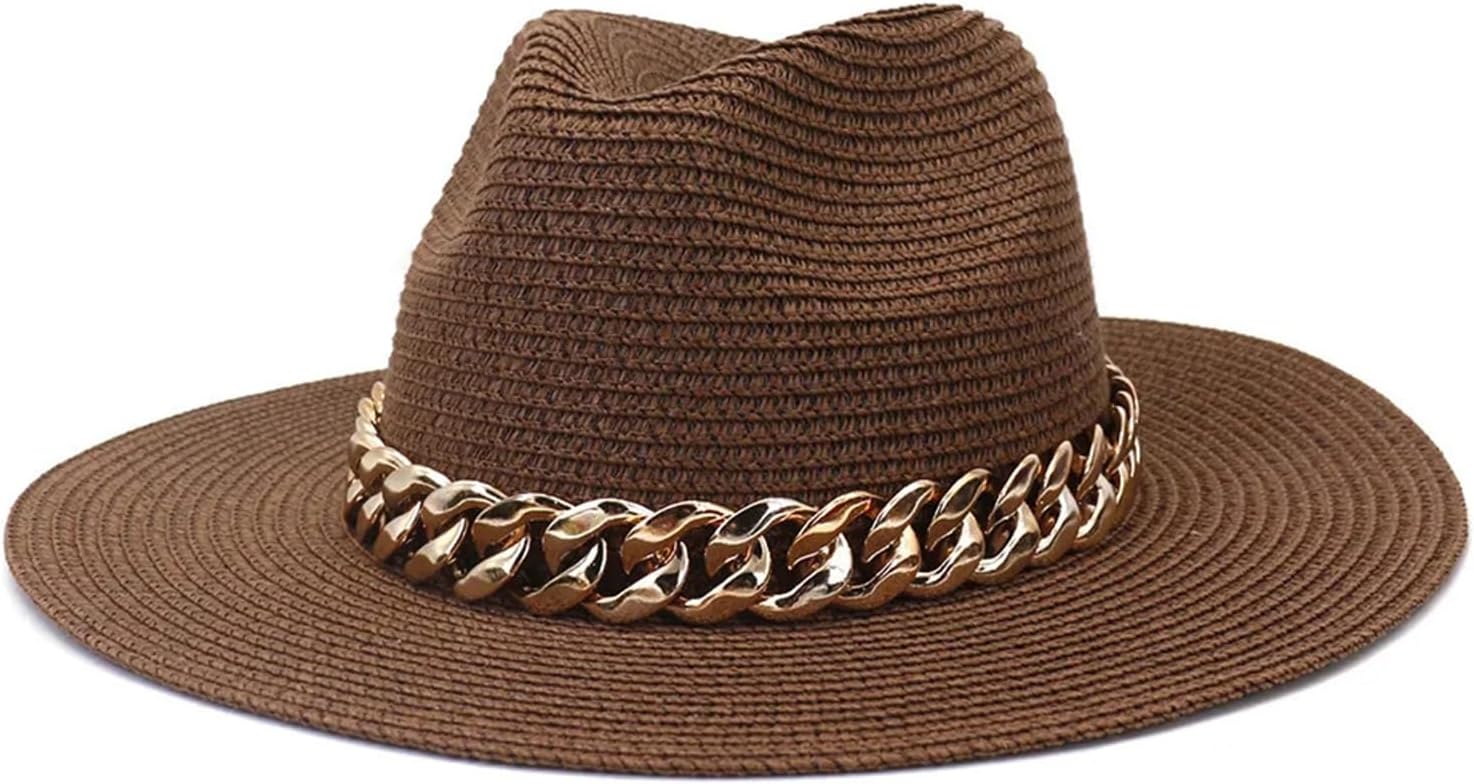 Women Fashion Chain Belt Panama Straw Hats Summer Breathable Beach Sun Hats Elegant Party Jazz Cap