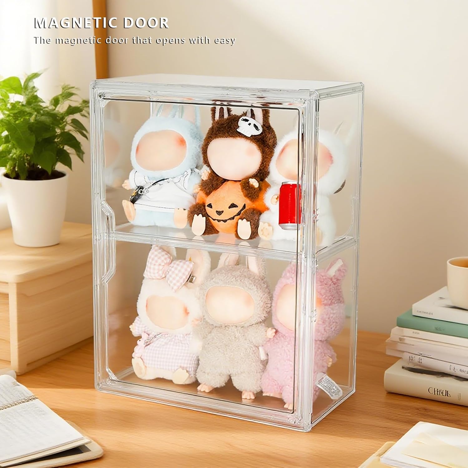 Clear Doll Display Case Compatible with Labubu POP MART - Adjustable Stackable Organizer Fits 6-14 Inch Collectibles, Magnetic Closure Acrylic Storage Box