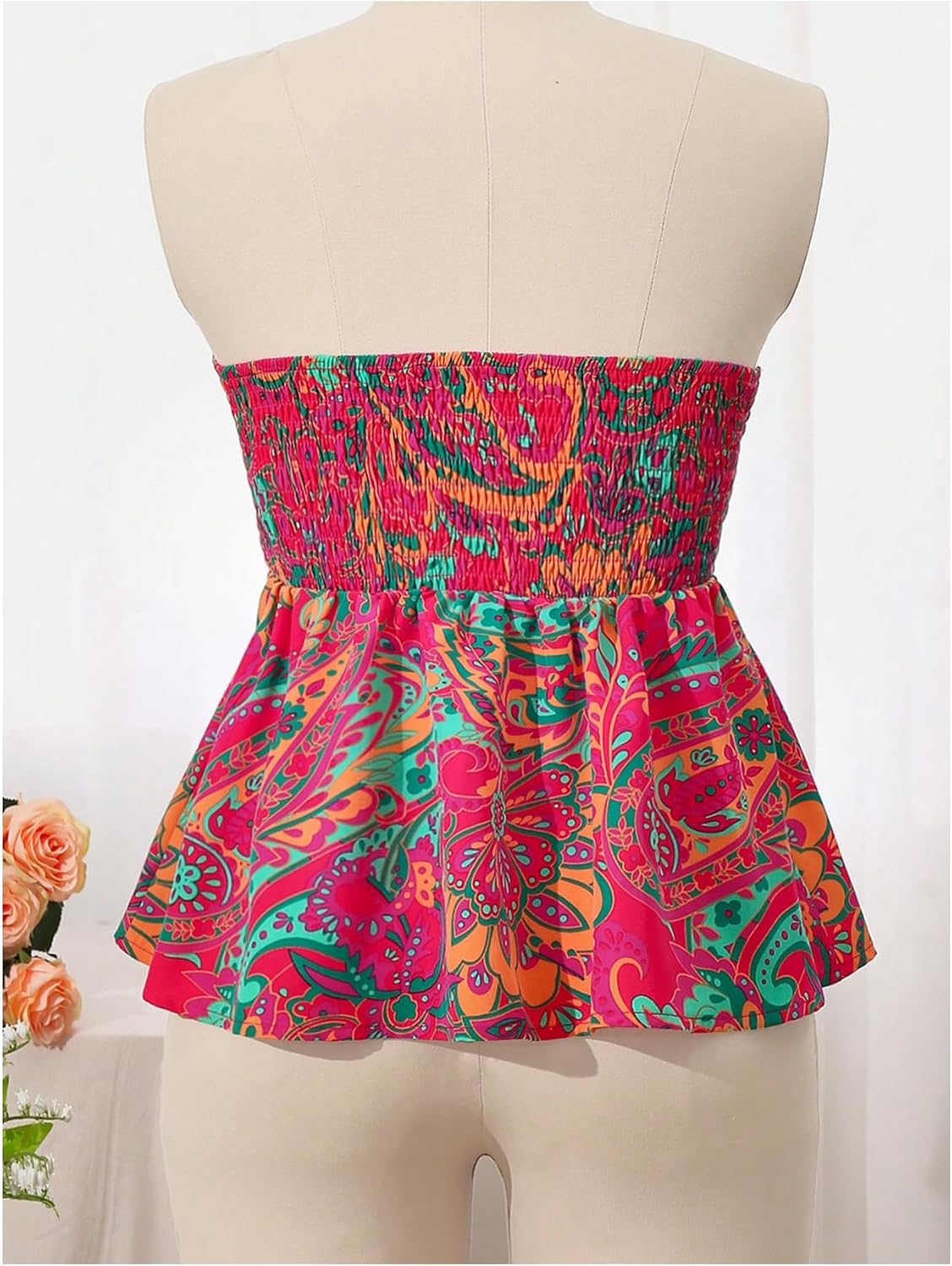 SOLY HUX Women's Tube Top Boho Floral Print Strapless Sleeveless Tie Front Ruffle Hem Summer Tops - Image 2