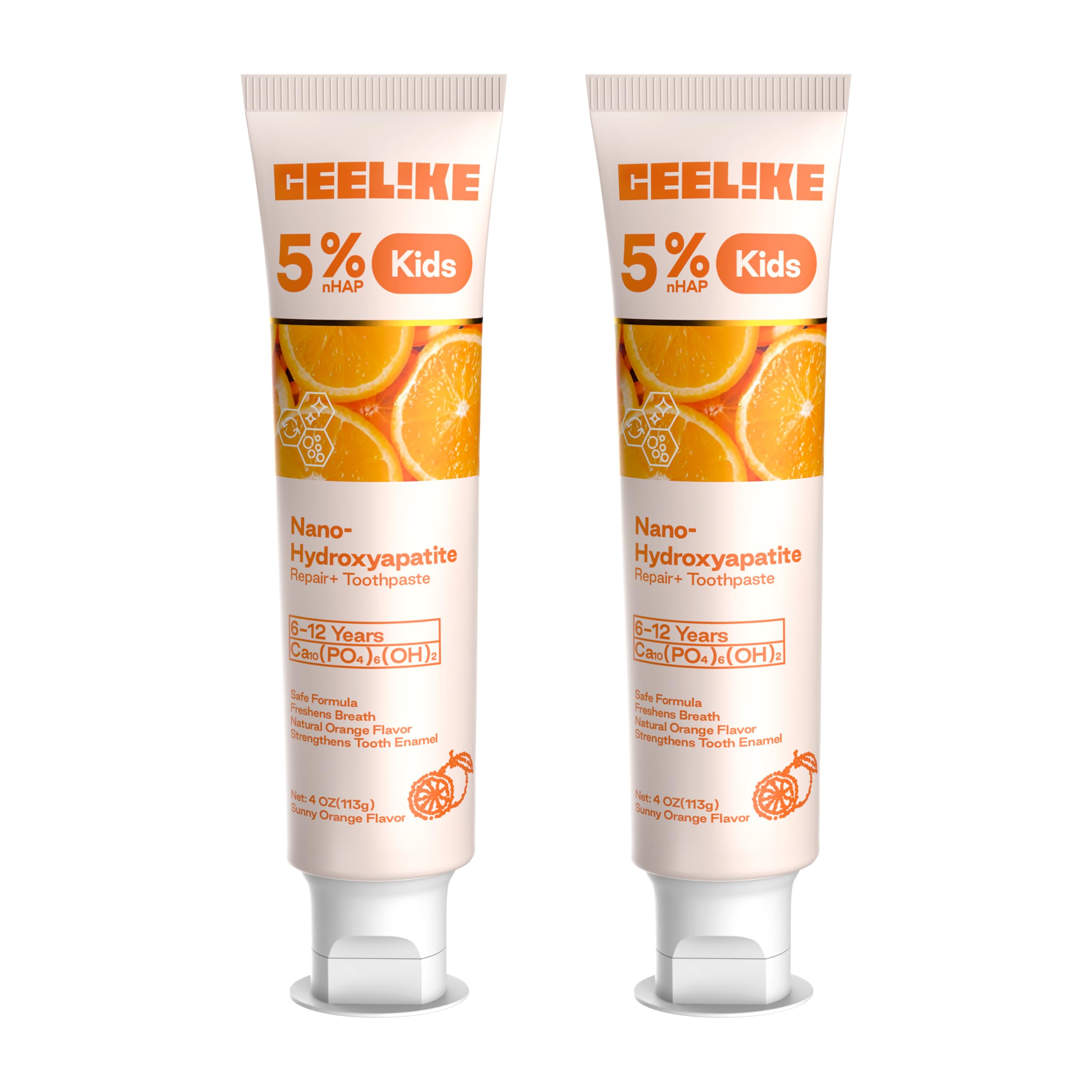 CEELIKE Children’s 5% Hydroxyapatite Toothpaste - Orange Flavor, Enamel Repair & Fresh Breath, 2 x 113g