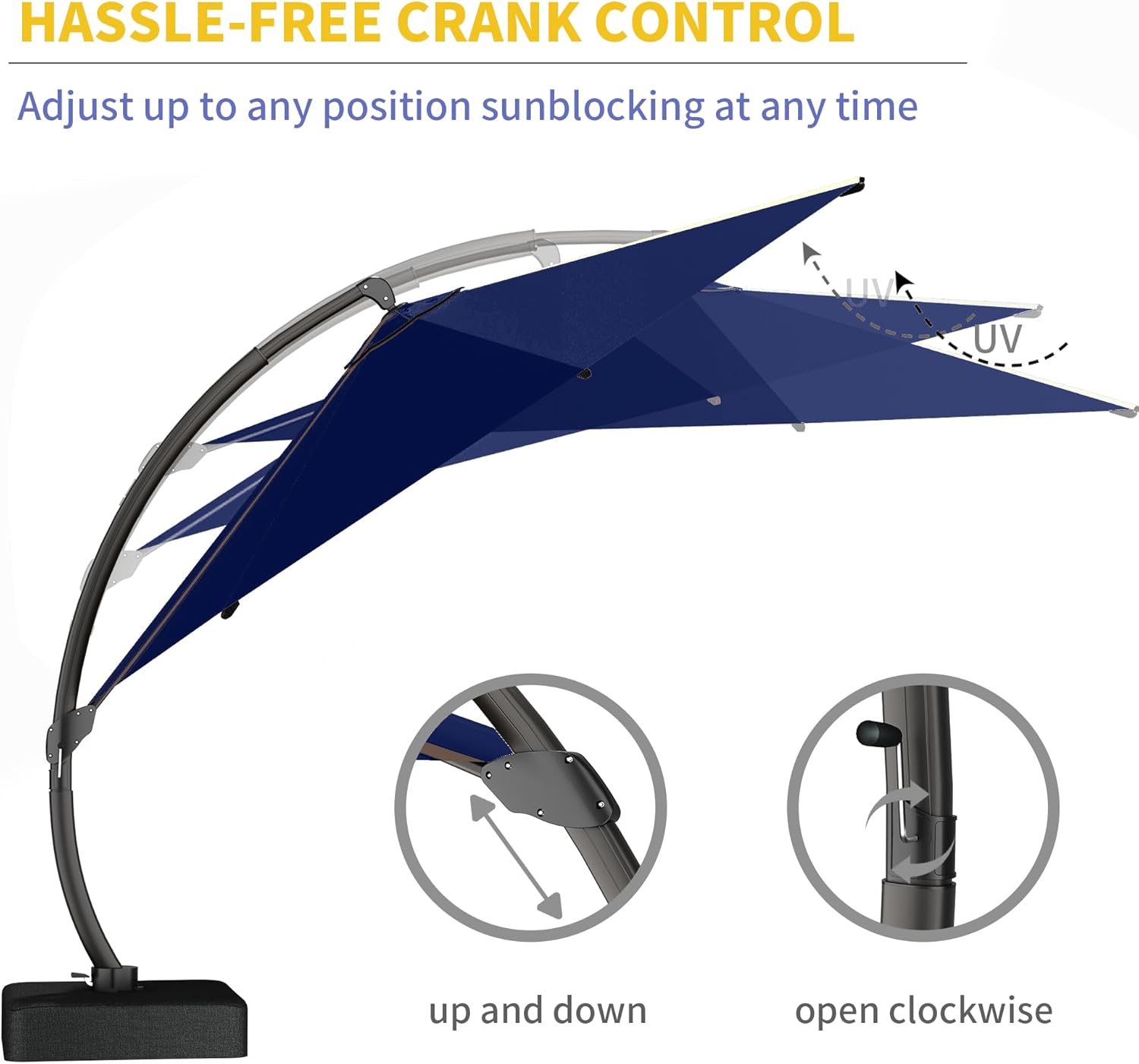 Crank control mechanism for umbrella tilt and height adjustment