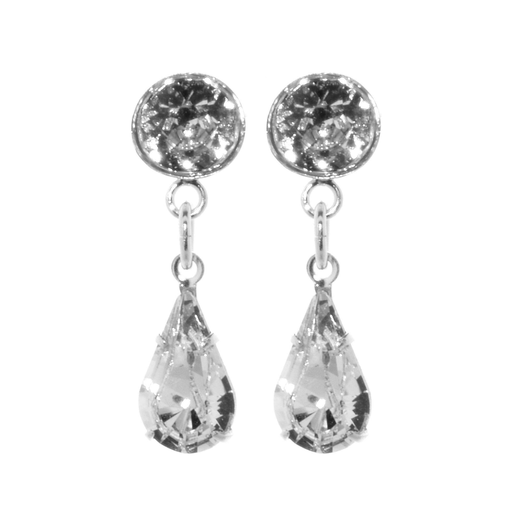 women’s 925 Sterling silver stud earrings made with sparkling Diamond White teardrop crystal. Gift box. Made in the UK.