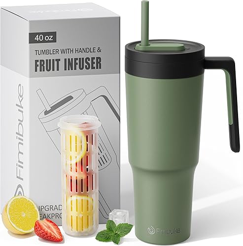 Fimibuke Vaso de 40 onzas con asa e infusor de frutas, taza aislada al vacío de acero inoxidable con tapa y pajilla, botella de infusión de agua,
