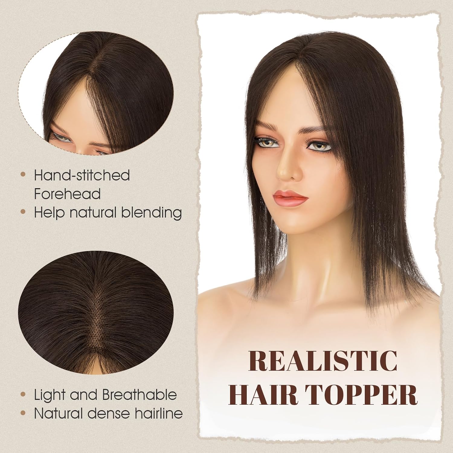 Rich Choices Human Hair Topper Middle Part Side Bangs No Bang Ultra Thin Breathable Hair Piece for Summer Clip In Crown Toppers for Thinning Hairs Gray Hairs Women 12 Inch Mocha Brown-35 Grams