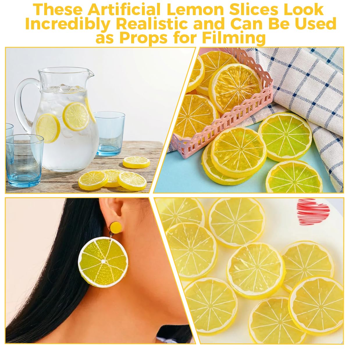 20 Piezas Rodajas de Limón de Plástico Artificiales, 6 cm x 8 mm, Rebanada Falsa del Limón, para Fiesta Cocina Boda Centro Mesa Manualidades DIY Accesorio Fotográfico (Amarillo)