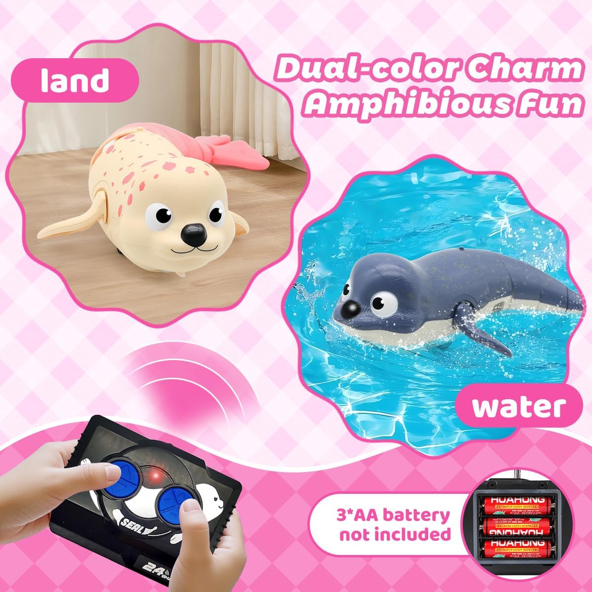 QUN XING Amphibious Remote Control Seal - 2.4Ghz Rechargeable Pool & Land Toy for Kids Ages 3-12, Waterproof Swimming & Crawling Robot with USB-C Charging,Cute Bath Toy for Toddlers & Boys Girls Pink