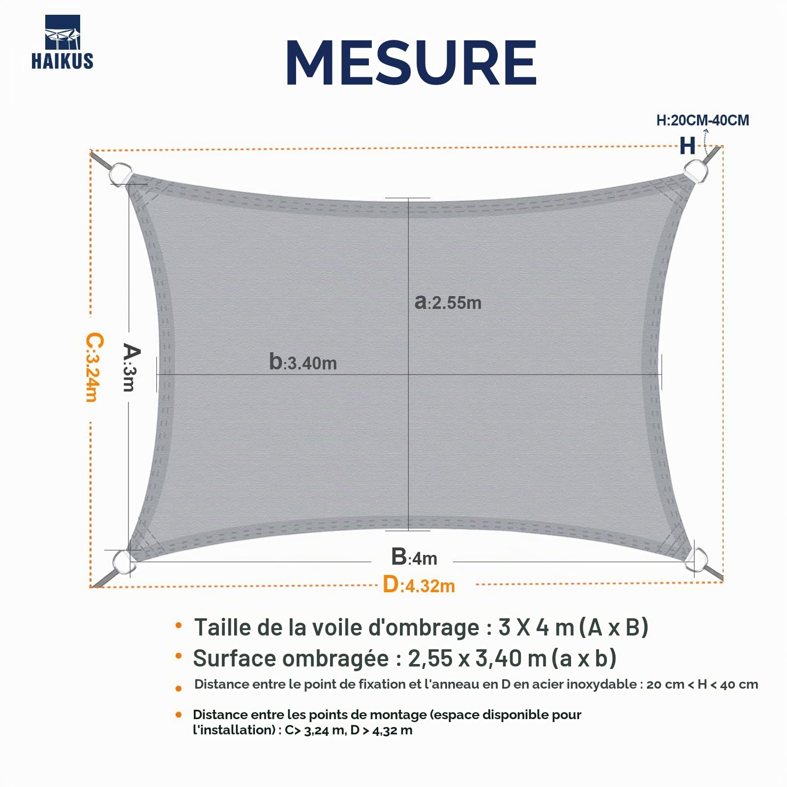 HAIKUS Voile d'ombrage Imperméable Rectangulaire 3x4m, Toile PES Résistant à l'eau, Filet Rectangle 4x3m, Résistant 98% Protection Rayons UV pour Patio Terrasse Extérieur, Sable 3x4