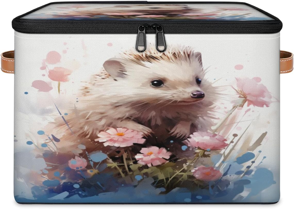 Storage Bin Set of 2 Watercolor Hedgehog Storage Basket with Zipper Lid & Handle Foldable Closet Shelf 2 Pack Cloth Organizer Basket Cube Bins Clothes Organizer for Bedroom, Nursery