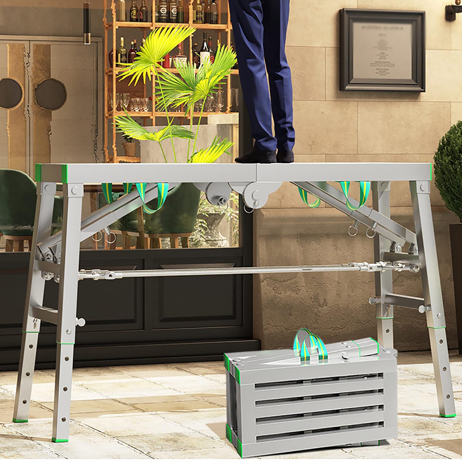 Échafaudage pliable à hauteur réglable : montage et rangement faciles