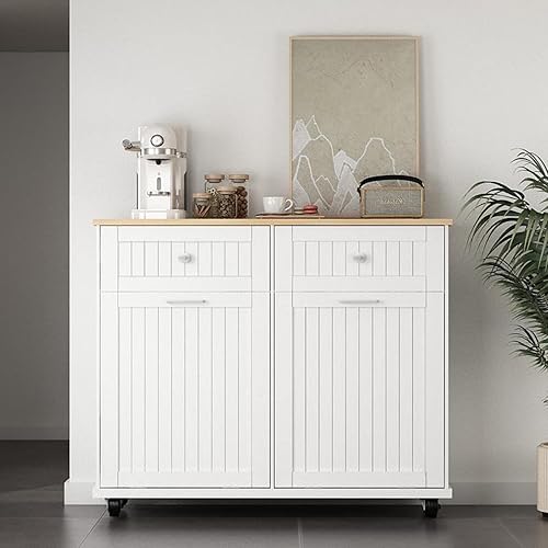 Miniatura 4 de Armario de basura de doble inclinación de 20 galones, armario de reciclaje de basura de madera independiente con cajón y ruedas, gabinete de basura