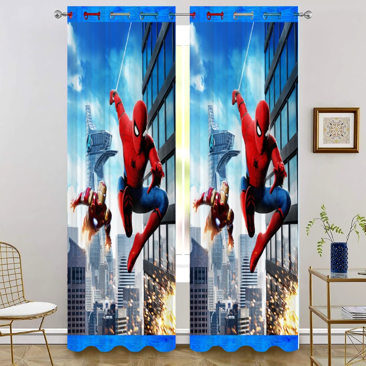 V21 DECOD 3D Spiderman Digital Printed Polyester Fabric Curtains for Bed Room, Living Room Kids Room Blue Color Window/Door/Long Door (D.N.B34) (4 x 9 Feet (Size ; 48 x 108 Inch) Long Door, 2)