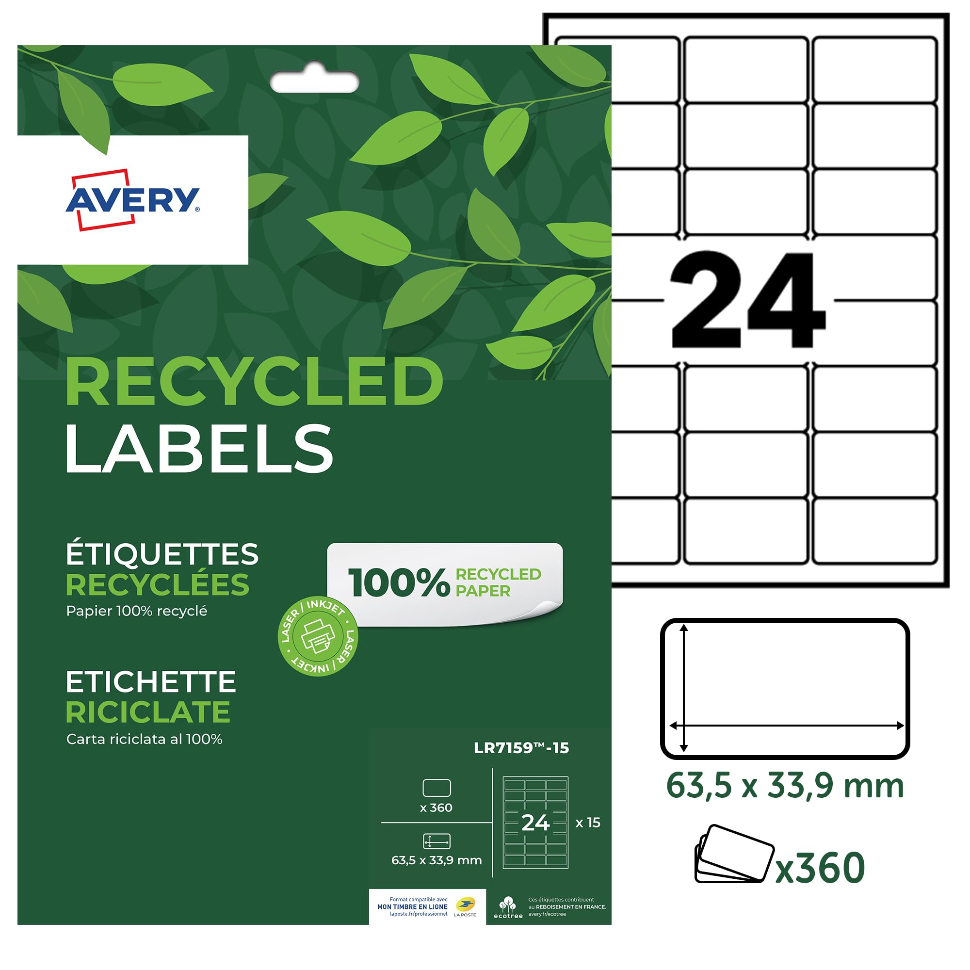 Avery - 360 White Customizable Self-Adhesive Labels - 100% Recycled - Size 63.5 x 33.9 mm - Laser and Inkjet Printing