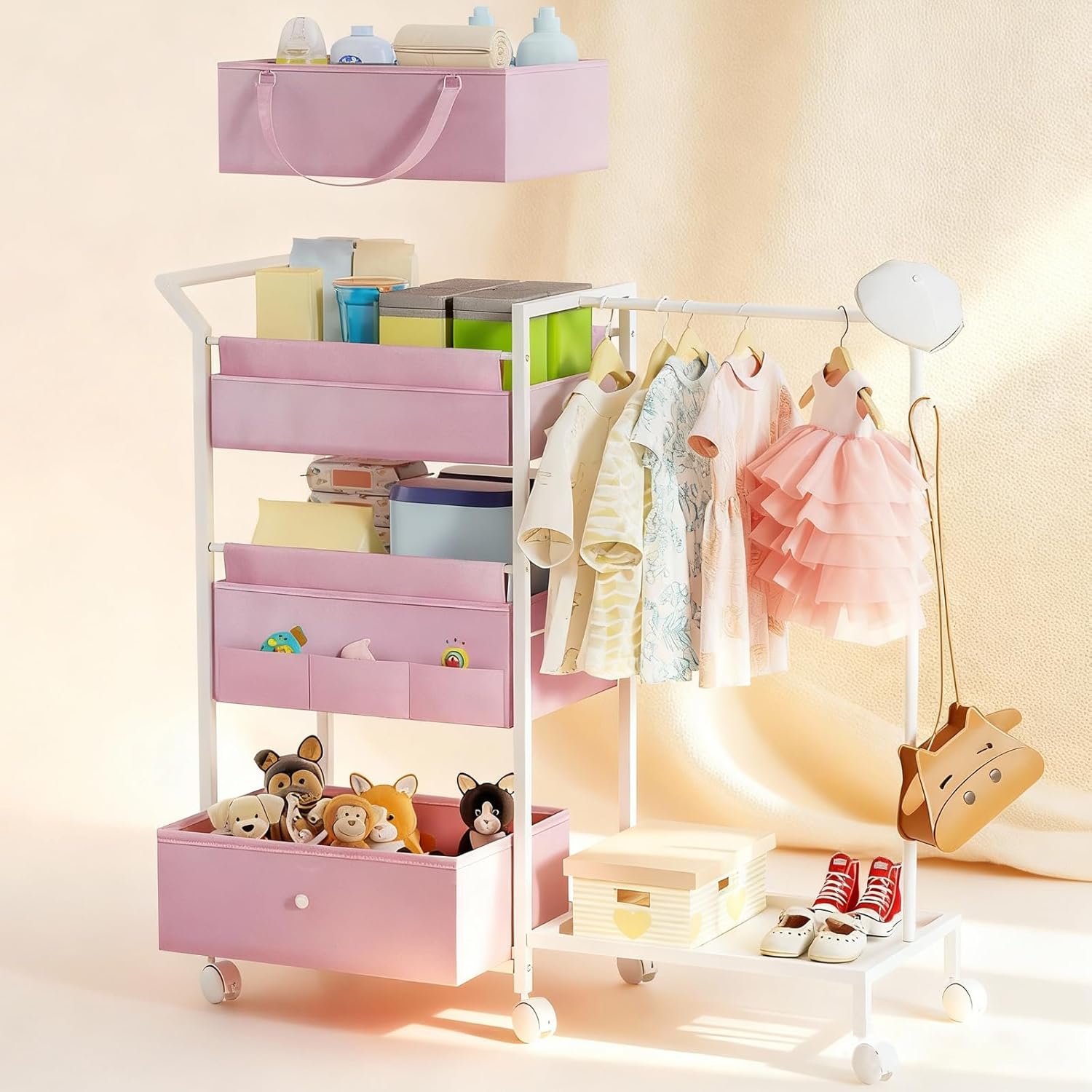 Baby Diaper Caddy Organizer - 3 Tier Rolling Cart with Kids Clothing Rack, Mobile Utility Cart with Dividers and Drawers, Large Capacity Storage Cart for Bedroom, Bathroom, Carts with Wheels