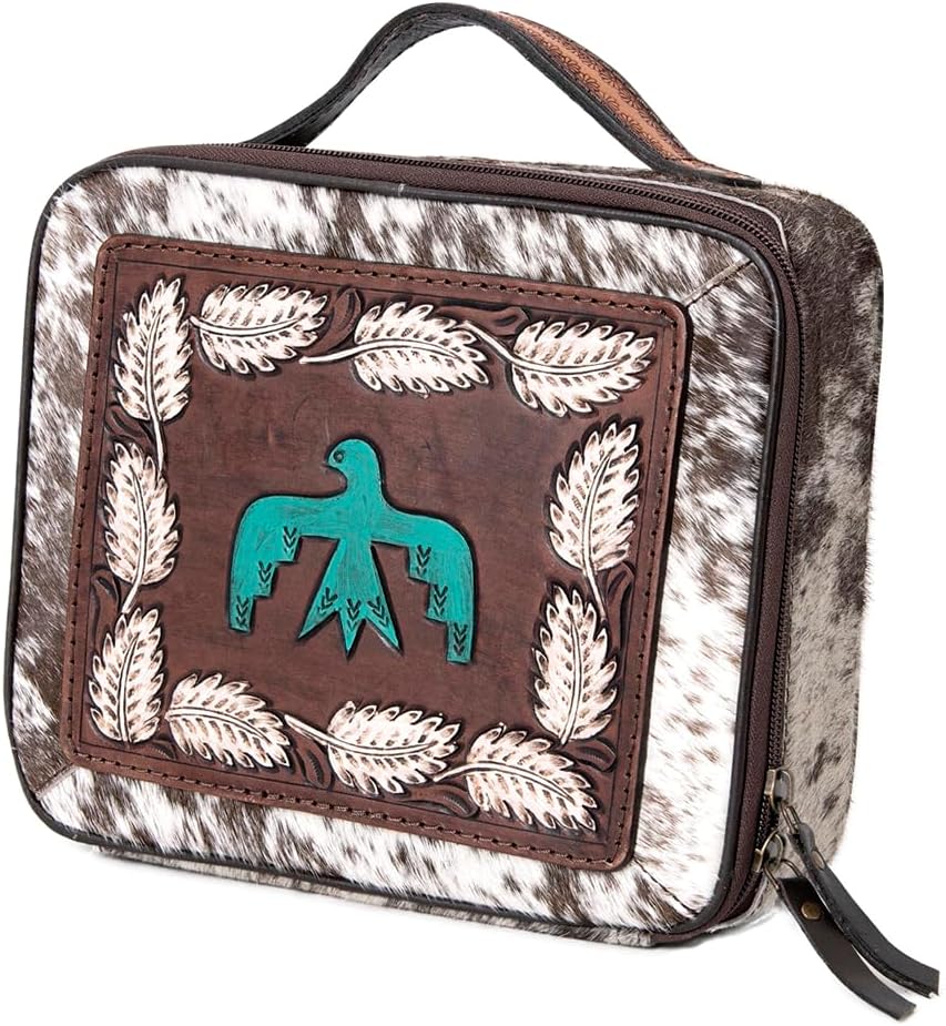 American Darling Jewelry Case for Women - Hair-On Cowhide, Hand Tooled Floral Carved Genuine Leather Travel Organizer