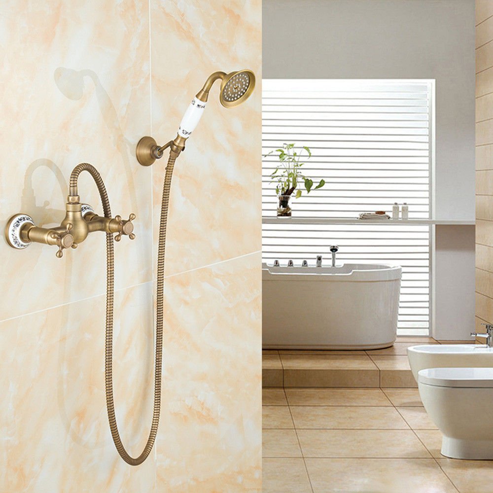 MOCHAMIK Antyczna miedź Zestaw prysznicowy ze strumieniem deszczowym w europejskim stylu Niebieski porcelanowy zestaw prysznicowy do wanny Luksusowa armatura łazienkowa zapewniająca wrażenia