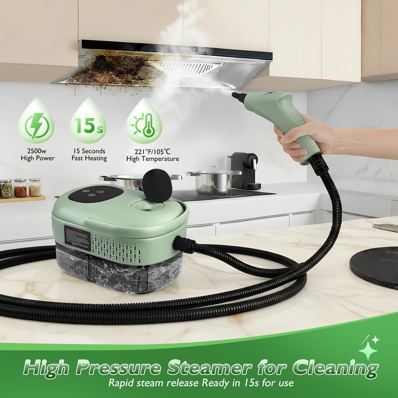 Limpiador de Vapor 2500W con Depósito 1,1L – Presión 3 Bares & Vapor a 105°C – Limpieza Multisuperficie Sin Productos Químicos – 6 Niveles de Vapor