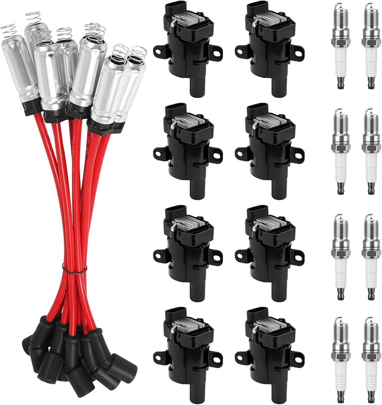 Kit com 8 bobinas de ignição redondas UF262 YEHERIT com cabos de vela 8 mm e velas de platina 41-962 para motores V8 4.8L, 5.3L e 6.0L