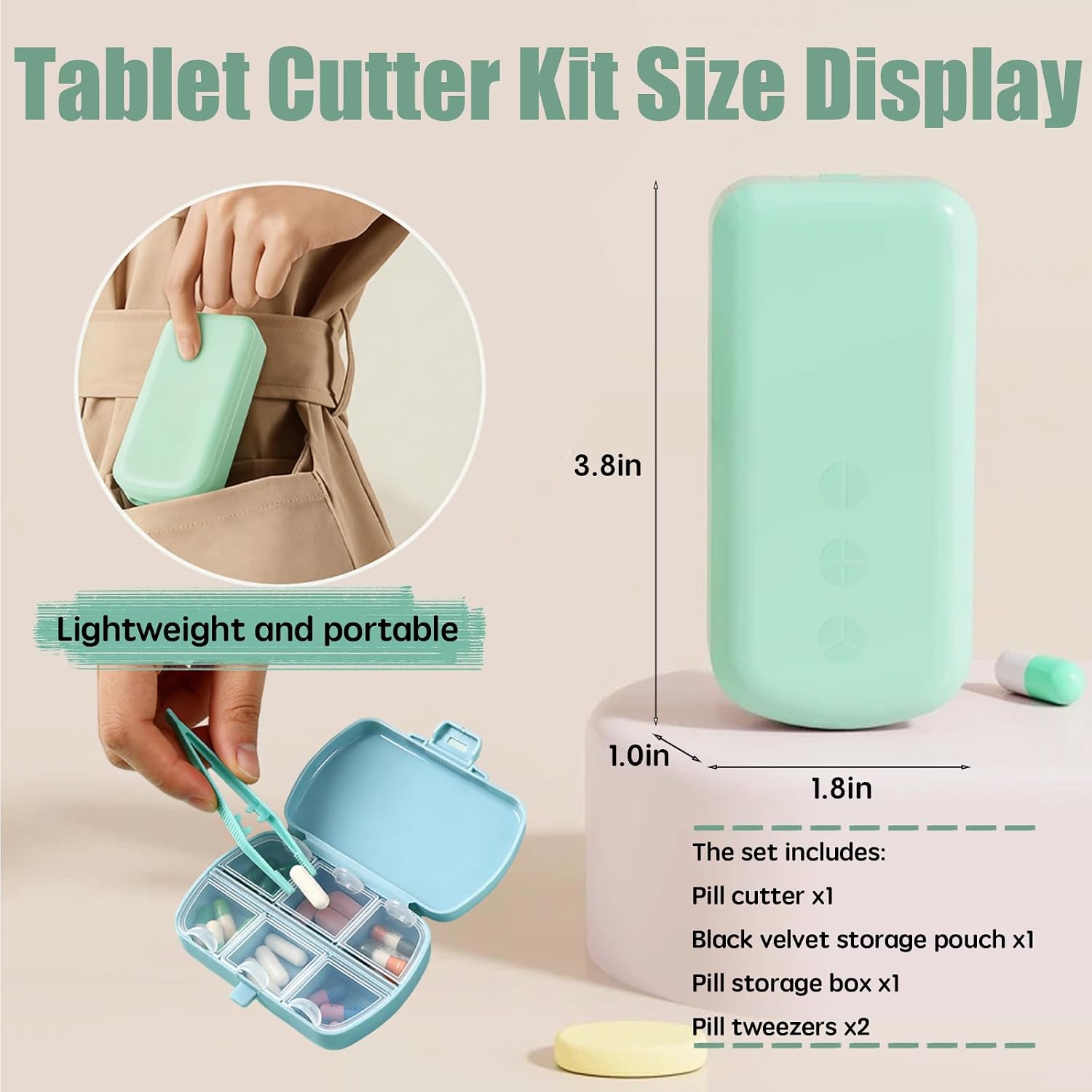 Ergonomic Large & Small Pill Cutter, 1/2 1/3 1/4 Tablet Slicer, Stainless Steel Multifunctional Pill Crusher Portable Kit with Storage Bag, Tweezers & Brush