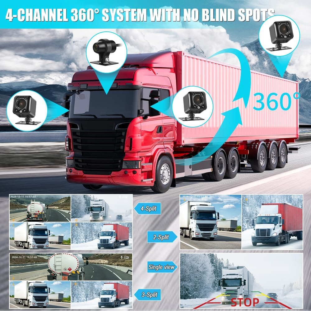 VSYSTO X7H 4-Channel 720P Backup Camera & Dash Cam System, 7" LCD Quad Split Display with IP67 Waterproof IR Night Vision Cameras for Front Rear and Side Views for Semi Truck, RV, Van, and Trailer
