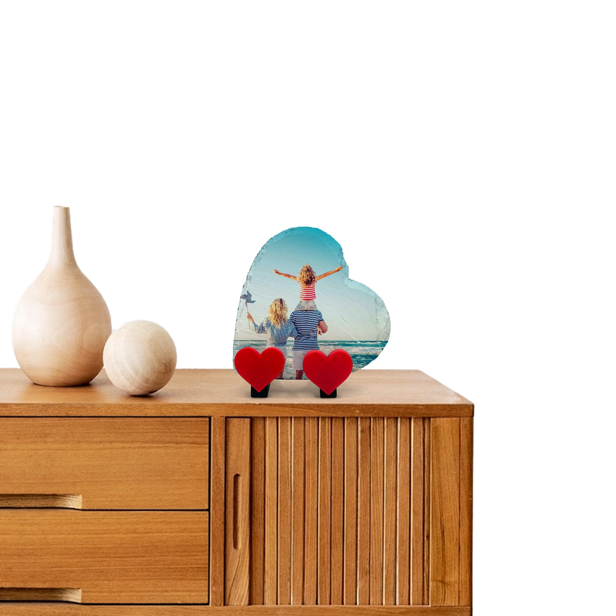 Personalisierte Naturschiefer-Tafel Foto Text mit Display Herz Stand - Ihr eigenes Design V2 - Größe 25x25cm