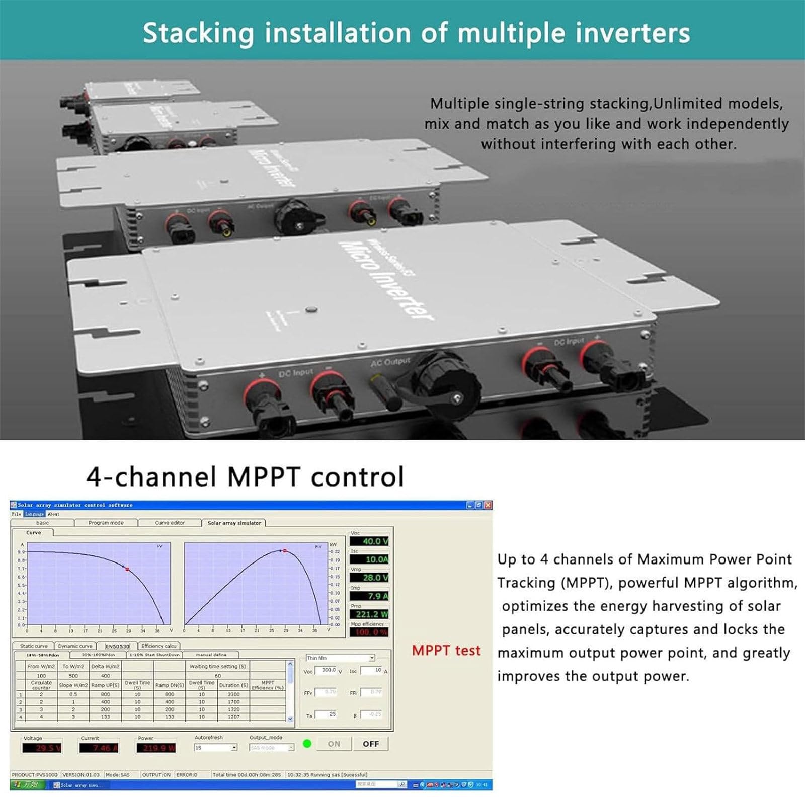 Micro Inverter Fotovoltaico con Livello di Impermeabilità IP65, Inverter Inverter Solare con WiFi, Funzione di Vmmissione in Rete, per 4 Moduli Solari e Centrale Elettrica da Balcone
