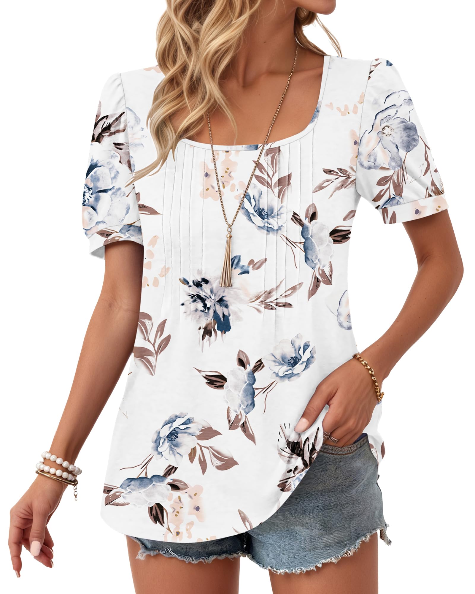 WNEEDU Womens Summer Tops Puff Short Sleeve Shirts Square Neck Loose Fit Casual Tunic Tops 2026 New