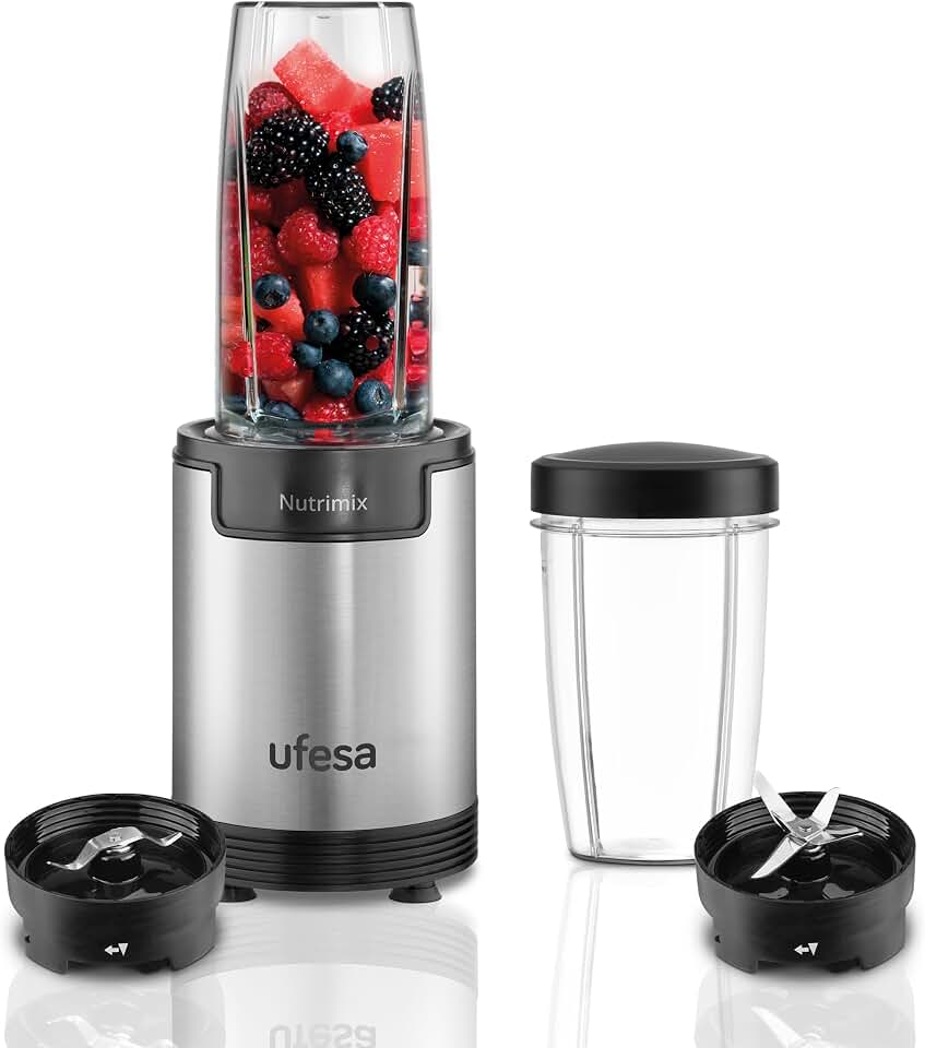 Ufesa Nutrimix Batidora de Vaso Individual, Extractor de Nutrientes y Vitaminas Multifuncional, 900W de Potencia, Cuchillas en Acero Inoxidable, Batidos y Smoothies, Tritura Hielo, Accesorios 6 en 1