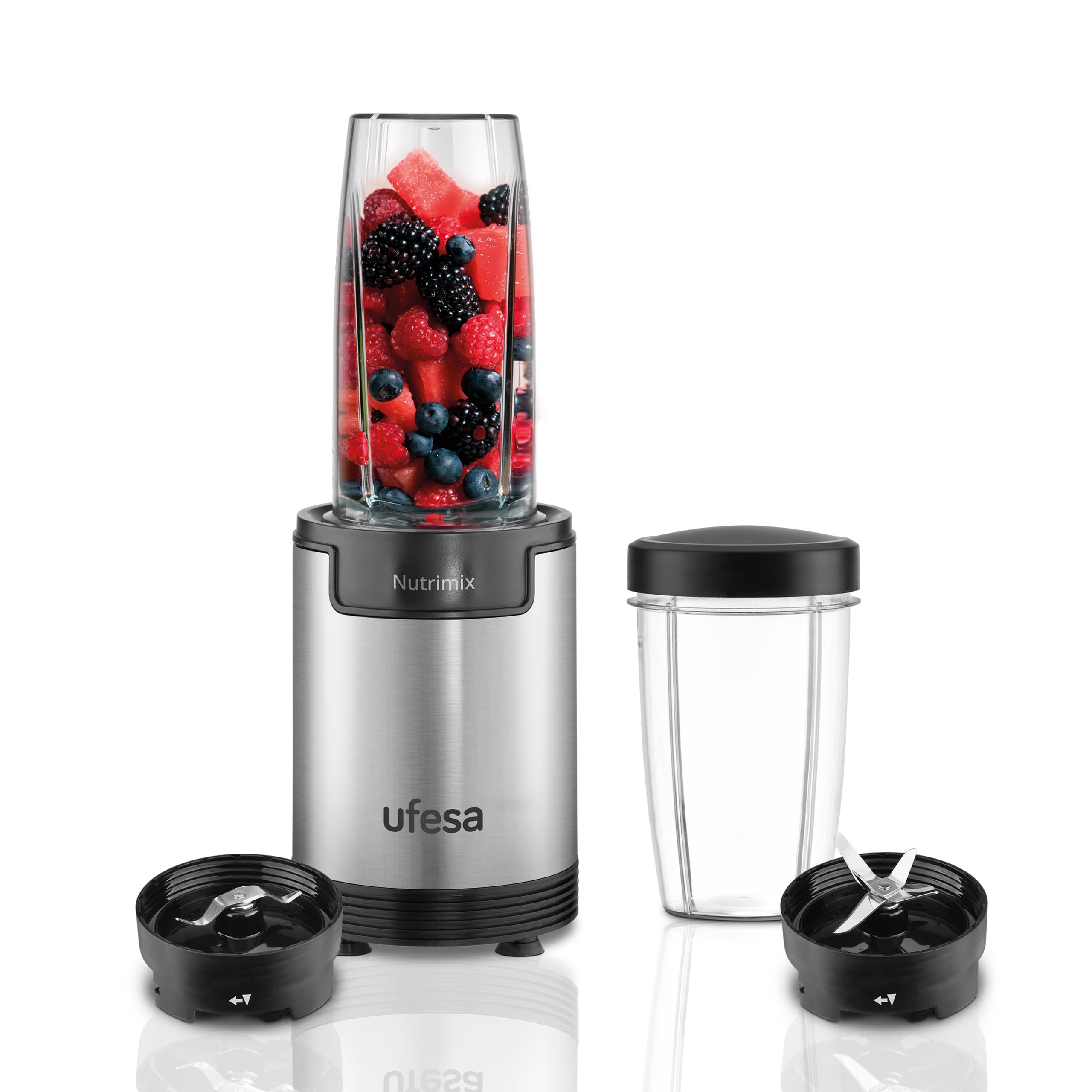 Ufesa Nutrimix Mixeur à Verre Individuel, Extracteur de Nutriments et Vitamines Multifonction, 900W de Puissance, Lames en Acier Inoxydable, Smoothies et Shakes, Broie de la Glace, Accessoires 6 en 1