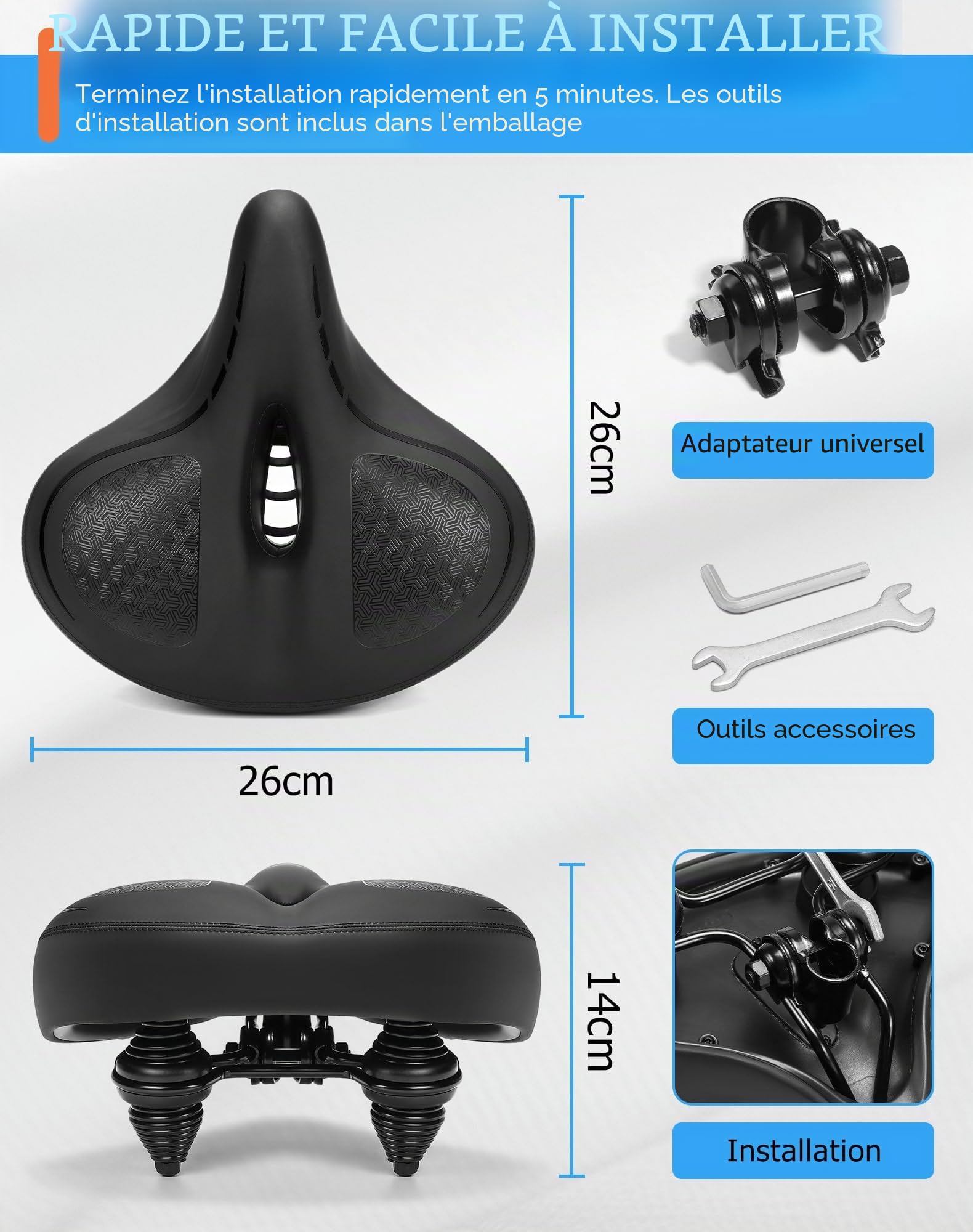 CDYWD Selle de Velo Ultra Confortable Homme et Femme, Large, avec Suspension, Rembourrage Doux, Ventilation, Ergonomique Selle Confort Velo pour VTT, Vélo de Ville, Ebike, Vélo Stationnaire