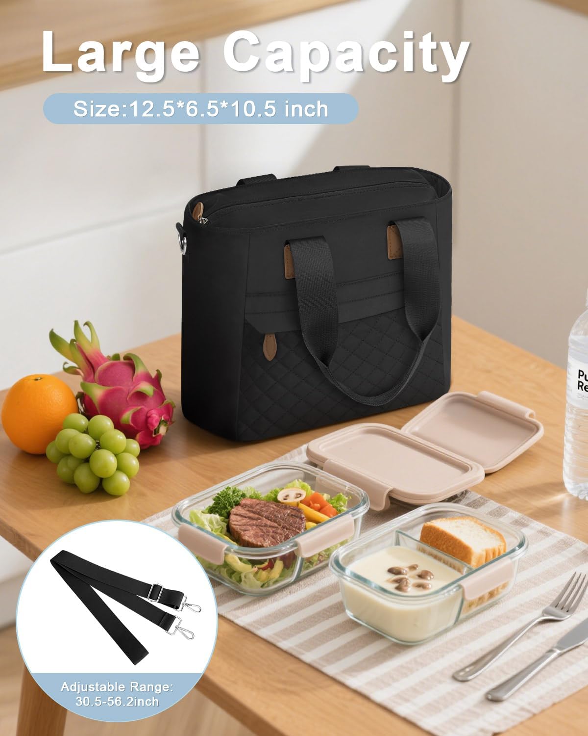 Insulated Lunch Box for Women & Men - Large Thermal Lunch Bag Women with Removable Shoulder Strap, Reusable Lunch Cooler Tote Bags Purse for Adults Work, Picnic, Hiking, Beach, Travel, Medium,Black - Image 5