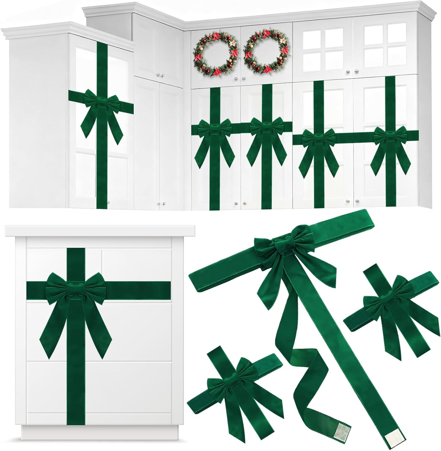 8PC Christmas Cabinet Ribbons Bows Large Christmas Bow Decorations for Christmass Gifts Halloween Kitchen Furniture Cabinet Party Decorations (Green)