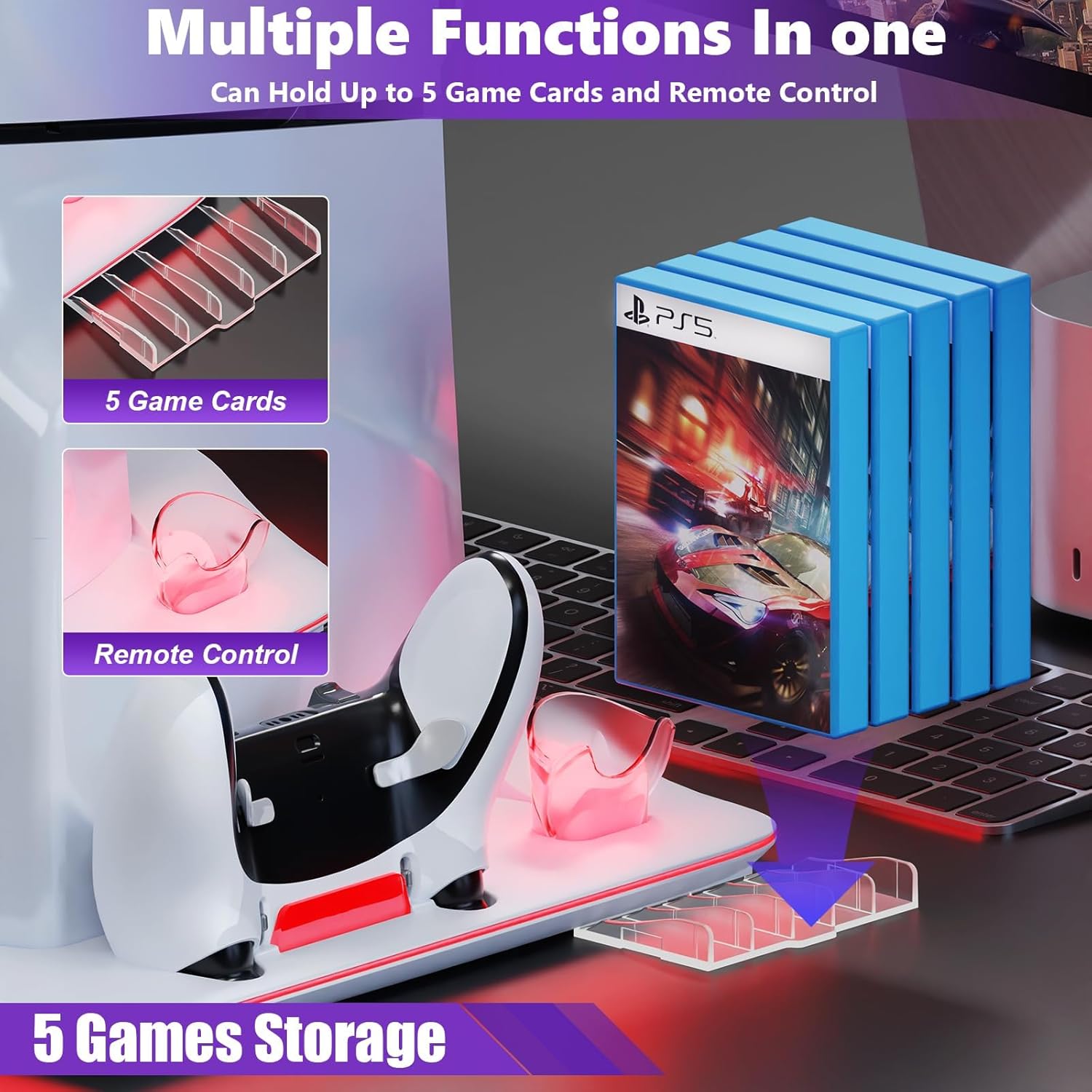 Cooling Station for PS5 Slim & PlayStation 5 Pro Console,Headset Holder PS5 Accessories Dual Controller Charging Station for PS 5 Controllers, 7 RGB Light, Don fit The Regular PS 5