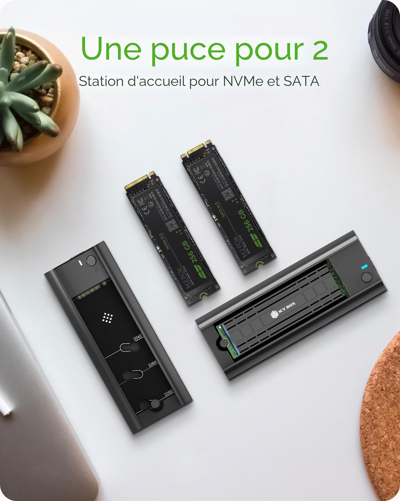 ICY Box Station d'accueil pour SSD M.2 NVMe et SATA, Adaptateur M.2 USB, USB 3.2 (Gen2, 10 Gbit/s), système de Refroidissement, sans Outils, USB-C, USB-A, PCIe M-Key, en Aluminium, IB-180MC-C31